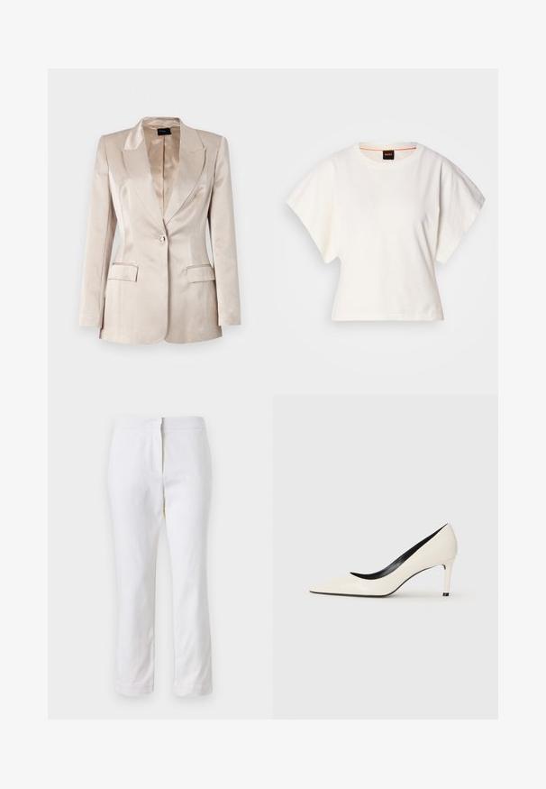 Beżowa satynowa marynarka o strukturalnym fasonie, z klapami na notch, pojedynczym zapięciem na guzik i dwiema przednimi kieszeniami, charakteryzująca się gładką, błyszczącą teksturą.; Biała, krótka koszulka z szerokimi rękawami, wykonana z miękkiej bawełny, okrągły dekolt z delikatnym pomarańczowym wykończeniem, minimalistyczny design, bez wzorów i grafik.; Białe bawełniane spodnie o prostym kroju nogawki, z średnim stanem, bez widocznych elementów metalowych czy wzorów. Gładka tekstura na całej powierzchni.; Białe lakierowane szpilki z wydłużonym noskiem, smukłym obcasem i czarnym wnętrzem. Gładka faktura i elegancki design.