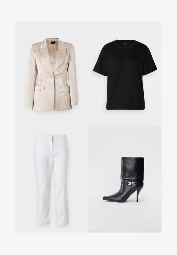 Blazer in satin beige con un design strutturato, revers a notched, chiusura con un solo bottone e due tasche anteriori, caratterizzato da una texture liscia e lucida.; Maglietta in cotone nera con scollatura tonda, maniche corte e logo ricamato sul petto. Design semplice e vestibilità rilassata senza motivi.; Pantaloni bianchi in cotone con design a gamba dritta, caratterizzati da una vita a media altezza e senza hardware o motivi visibili. Tessuto liscio su tutta la superficie.; Stivale ankle in pelle nera con punta affusolata, alto tacco a stiletto, risvolto sulla caviglia e un elegante dettaglio in oro con fibbia decorativa.