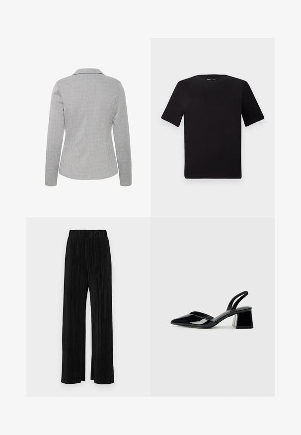 Pelēks zīda auduma blazeris ar garām piedurknēm un izgrieztām atlokām. Aizmugurē ir gluda tekstūra un pielāgota forma, uzsverot strukturēto dizainu.; Melnas īsām piedurknēm T-krekls ar apaļu kakla izgriezumu, izgatavots no mīksta kokvilnas auduma. Vienkāršs dizains, bez redzamām logo vai rakstiem.; Melni plīšu bikses ar elastīgu jostu. Tām ir platākas kājas un gluda, teksturēta auduma ar vertikālām svītrām.; Melna lakota āda ar atvērto papēdi, ar smailu purngalu un ģeometrisku blokpapēdi. Iezīmējas elegants, minimāls dizains un gluda tekstūra.