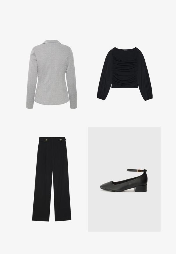 Pilkas herringbone modelio švarkas su ilgomis rankovėmis ir įpjovomis apykaklėmis. Nugarinė dalis pasižymi lygiu tekstūruotu audiniu ir pritaikytu siluetu, pabrėžiančiu struktūrizuotą dizainą.; Juodas ilgomis rankovėmis viršus, su surinkta medžiaga priekyje ir ant riešų, pagamintas iš minkštos, elastingos medžiagos, su laivagalio kaklu.; Juodi plačios kojos kelnės su aukštu liemeniu, sagų detalėmis ant liemens ir priekinėmis raukšlėmis.; Juodas odinis aukštakulnis batelis su smailiu pirštu ir žemu bloku. Su kulkšnies dirželiu su auksinės spalvos sagtimi. Lygus paviršius.