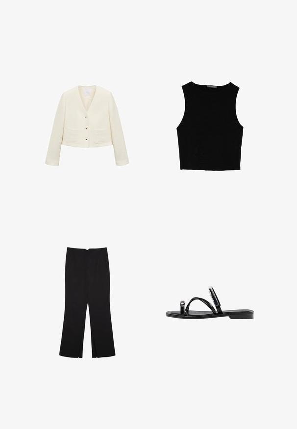 Cremfarbener kurzer Blazer aus strukturiertem Stoff; verfügt über einen V-Ausschnitt, lange Ärmel und zwei frontale Taschen mit goldenen Knopfverschlüssen.; Schwarzes ärmelloses Crop-Top aus glattem Stoff, mit rundem Ausschnitt und einem klaren, schlichten Design ohne Muster oder Beschläge.; Schwarze Hose mit geradem Schnitt, ausgestattet mit Fronttaschen und Seitenschlitzen am Saum. Hergestellt aus weichem, glattem Stoff. Geeignet für verschiedene Anlässe.; Schwarze flache Sandalen mit glänzender Oberfläche, drei dünnen Riemen und einem runden Hardware-Detail an den Zehen. Elegantes Design mit einem minimalen Absatz.