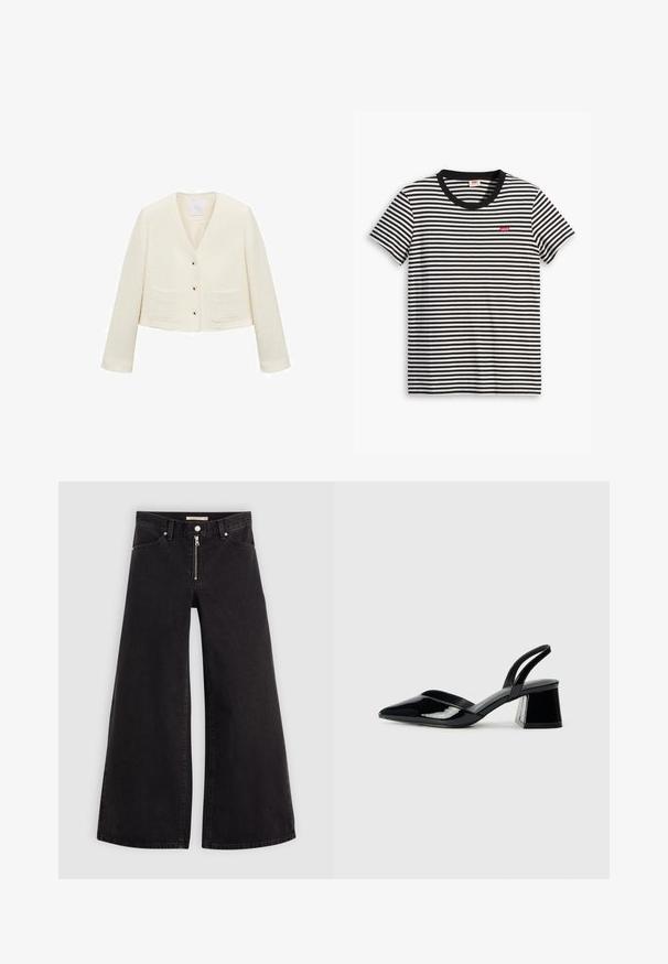 Cremfarbener kurzer Blazer aus strukturiertem Stoff; verfügt über einen V-Ausschnitt, lange Ärmel und zwei frontale Taschen mit goldenen Knopfverschlüssen.; Gestreiftes T-Shirt in Schwarz und Weiß aus Baumwolle. Hat einen runden Halsausschnitt und ein kleines rotes Levi's-Logo auf der Brust. Kurze Ärmel.; Schwarze Denim-Jeans mit weitem Bein, Reißverschluss vorne, Fünf-Taschen-Design und dezenten Stickdetails. Glatte Textur und lässiger Stil.; Schwarze Lackleder-Slingback-High Heels mit spitzem Schuh und einem geometrischen Blockabsatz. Verfügt über ein schlankes, minimalistisches Design und eine glatte Textur.