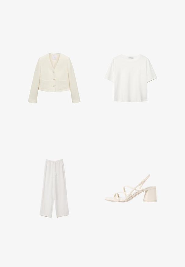 Kermanvärinen lyhyt takki, joka on valmistettu teksturoidusta kankaasta; siinä on V-pääntie, pitkät hihat ja kaksi etutaskua, joissa on kultaiset painonapit.; Valkoinen lyhythihainen T-paita, joka on tehty puuvillasta. Siinä on pyöreä kaula-aukko ja rento malli. Silkkinen pinta ilman näkyviä kuvioita tai koristeita.; Valkoiset leveälahkeiset housut kevyestä kankaasta. Ominaisuuksiin kuuluu elastinen vyötärö, jossa on nauhakuuluma ja sivutaskut. Sileä rakenne.; Beige sandaalit, joissa on remmit, avonainen kärki ja keskikorkea paksu korko. Varustettu säädettävällä nilkkaremmillä ja sileällä, kiiltävällä pinnalla.