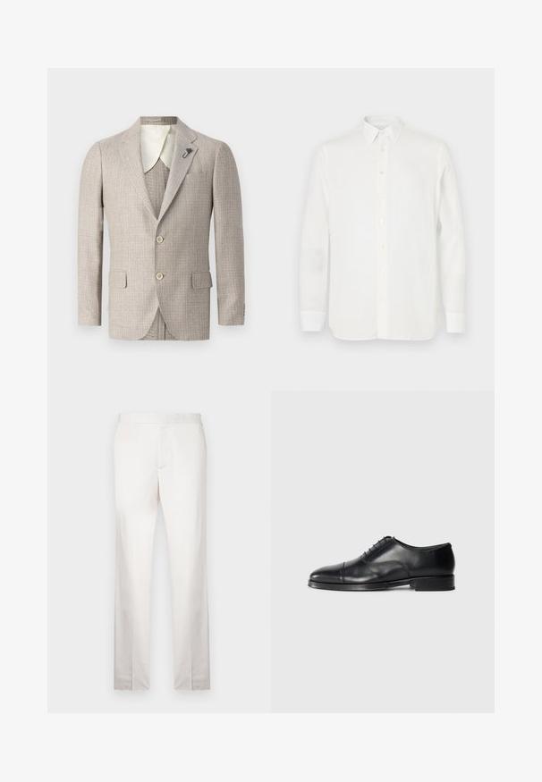 Béžový blejzr s texturovanou tkaninou, s klopami, dvěma předními kapsami a dvěma knoflíky. Obsahuje kontrastní podšívku límce v barvě slonové kosti.; Bílá košile s dlouhým rukávem vyrobená z lehkého materiálu, s klasickým límcem, zapínáním na knoflíky a rovně střiženým lemem. Hladká textura.; Světlé béžové kalhoty na míru s hladkou texturou, rovnými nohavicemi, plochým předním dílem a minimálním švem. Žádné viditelné kapsy.; Černá kožená společenská obuv s oblým špičkou, hladkým povrchem, šněrovacím designem a jemným švem, s nízkým plochým podpatkem.