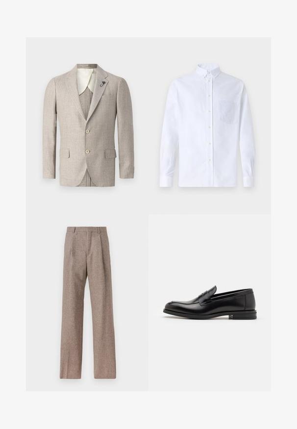 Bež bleiser teksturega kangast, nõgised kraed, kaks eesmist taskut ja kaks nuppu. Omab kontrastset elevandiluust krae voodrit.; Valge pikamaa varrukatega nööbiga särk, mis on valmistatud puuvillast ja millel on rinna tasku toon-toonis brodeeringuga, krae ja nööbiga mansetid.; Prunnid, kõrge vöökohaga püksid, mis on valmistatud tekstureeritud kangast. Omavad laiu jalgu ja kahte eesmist voldikut struktuuri jaoks. Korralik viimistlus, ilma nähtava riistvarata.; Mustad mustad nahast loafers sileda tekstuuriga, ümarat ninaosa ja dekoratiivne riba vampi üle. Madal kihiline konts, minimalistlik disain.