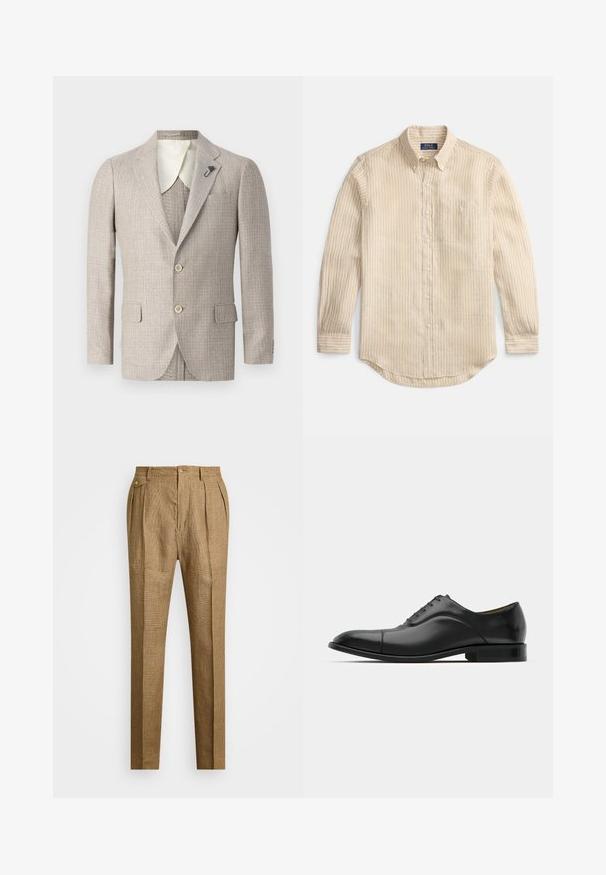 Beige blazer van een gestructureerde stof, met notch-revers, twee vouwwerkzakken en twee knopen. Heeft een contrasterende ivoorkleurige kraagvoering.; Beige overhemd met lange mouwen en witte verticale strepen, knoopsluiting, knoopkraag, borstzak en "Polo Ralph Lauren" label aan de binnenkant van de kraag.; Bruine geblokte broek met een gestructureerde pasvorm, voorzien van een geplooide voorkant, twee zijzakken en knoopsluiting. Gladde textuur met een op maat gemaakt ontwerp.; Zwarte leren jurk schoen met een gladde textuur, ronde neus en vijf veterogen. Beschikt over een lage gestapelde hak en subtiele naaddetails.