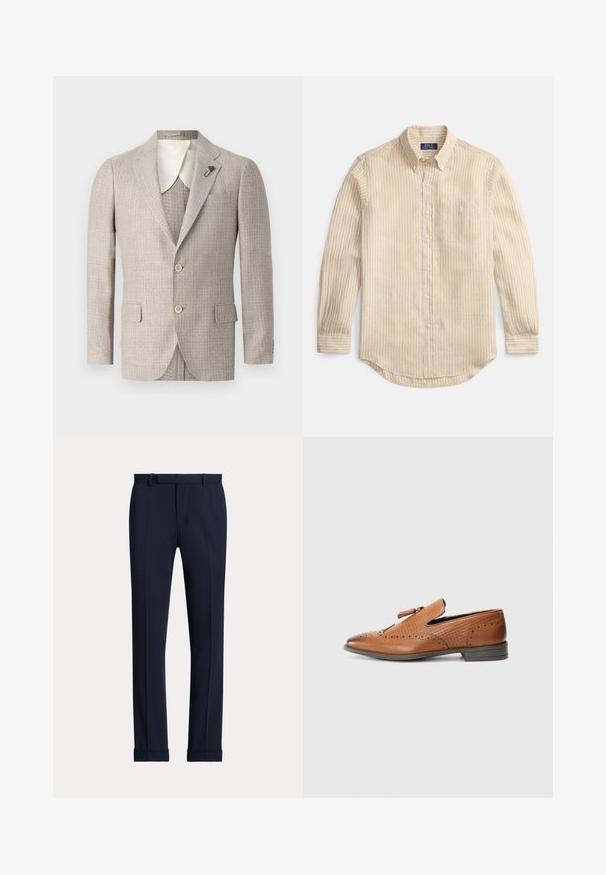 Bež blazer iz teksturirane tkanine, z oblikovanim ovratnikom, dvema sprednjima žepoma in dvema gumboma. Ima kontrastno notranjo oblogo ovratnika v slonokoščeni barvi.; Bež dolgo-srajčna sova s belimi navpičnimi črtami, ovratnik z gumbi, prsni žep in etiketa "Polo Ralph Lauren" znotraj ovratnika.; Mornarske hlače s gladko teksturo, ravnim sprednjim delom, z gubami, zankami za pas in zavihanimi robovi. Izdelane iz lahke tkanine.; Rjave usnjene čevlje s perforiranjem, teksturiranimi stranicami, ravnim podplatom in dekorativnim vozelcem na zgornjem delu. Klasična zasnova z gladko površino.