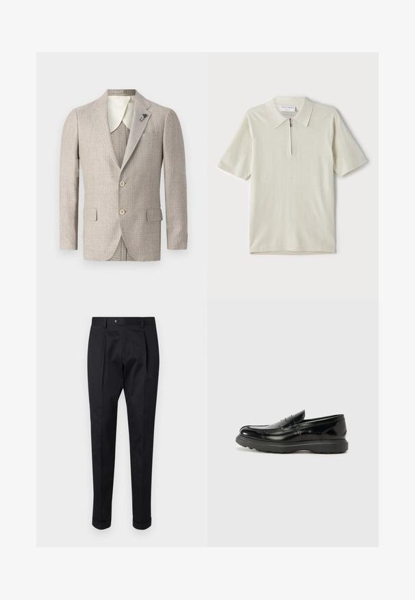 Bežinis švarkas su tekstūruota medžiaga, iškarpytomis sutvirtinimais, dviem priekinėmis kišenėmis ir dviem mygtukais. Yra kontrastinga dramblio kaulo spalvos apykaklės pamušalas.; Šviesiai bežinis trumpomis rankovėmis polo marškinėliai su užtrauktuku ant apykaklės. Pagaminti iš lygaus audinio, pasižymi paprastu, moderniu dizainu be raštų.; Juodos kelnės pagamintos iš lygaus audinio, su raukšle priekyje, mygtuko uždarymu ir suknežintomis rankovėmis ties kulkšnimi.; Juodas odinis loaferis su blizgiu paviršiumi, apvaliu pirštu, subtiliais siūlių detalėmis ir storu guminio pado, užtikrinančio ilgaamžiškumą.