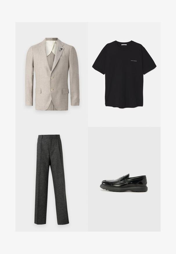 Sacou bej dintr-un material texturat, cu rever decupat, două buzunare frontale și două butoane. Prezintă o căptușeală a gulerului în nuanță contrastantă de ivoriu.; Tricou din bumbac negru, cu guler rotund, mâneci scurte și un imprimeu alb cu logo pe partea stângă a pieptului. Design simplu, de culoare uniformă.; Pantaloni gri ajustați din țesătură texturată, prezentând două pliere frontale și un design drept. Fără buzunare vizibile sau ornamente.; Mocasin din piele neagră cu o finisare lucioasă, vârf rotunjit, detalii de cusătură subtile și o talpă groasă din cauciuc pentru durabilitate.