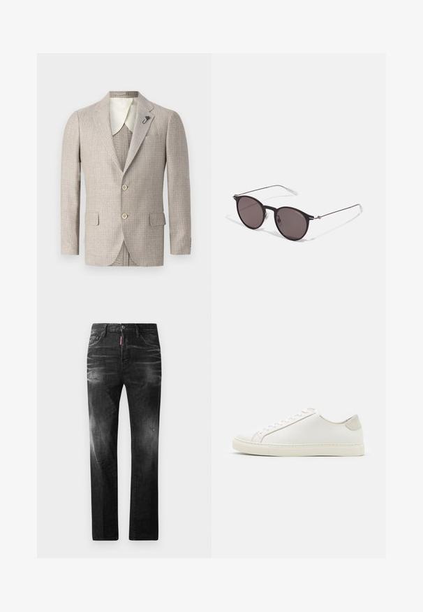 Blazer beige avec un tissu texturé, à revers, deux poches avant et deux boutons. Présente une doublure de col contrastante en ivoire.; T-shirt en coton noir avec un col rond, des manches courtes et le logo "EMPORIO ARMANI" en blanc au-dessus de "Milano" dans un design incurvé.; Jean en denim noir avec une coupe droite. Présente des zones décolorées, un léger effet usé, un design classique à cinq poches et une fermeture à bouton.; Baskets en cuir blanc avec une surface lisse, bout rond et design minimaliste. Présentent des accents beiges sur le talon et une semelle en caoutchouc.; Lunettes de soleil noires rondes avec verres sombres et branches en métal fines. Comprend des embouts transparents et des accents argentés au niveau de la charnière. Design minimaliste.