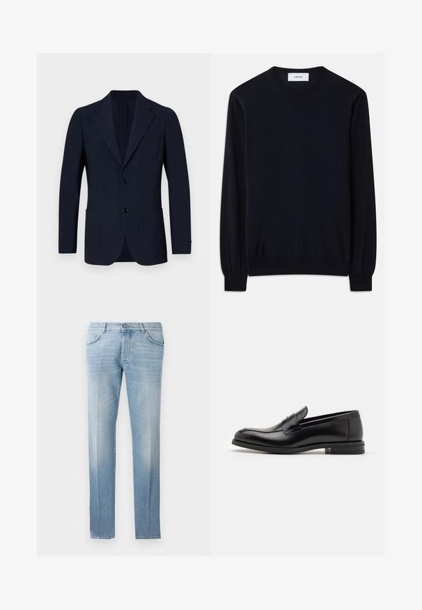 Marineblauwe blazer van gestructureerde stof, met een sluiting van twee knopen, een reverskraag en twee voorzakken. Klassiek tailordesign.; Zwarte crewneck trui gemaakt van een gladde brei-stof. Lange mouwen met aansluitende manchetten en een relaxte fit door het hele lijf.; Lichtblauwe denim jeans met een rechte pijp, subtiele vervaging, vijf-pocket ontwerp en een knoopsluiting bij de taille.; Zwarte leren instappers met een gladde textuur, ronde neus en een decoratieve band over de wreef. Lage, gestapelde hak en minimalistisch ontwerp.