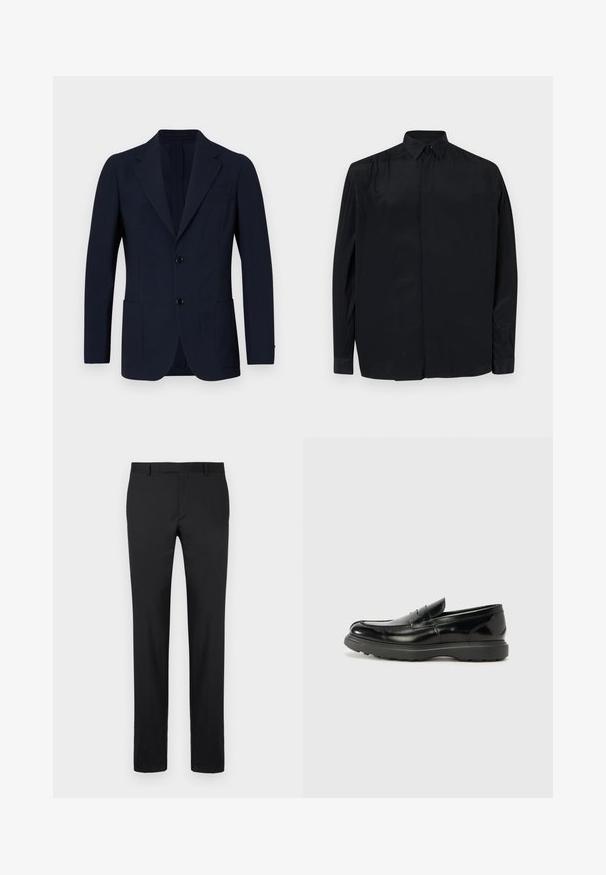 Blazer azul marino de tela texturizada, con cierre de dos botones, cuello de solapa y dos bolsillos frontales. Diseño clásico y a medida.; Camisa negra de manga larga hecha de tejido suave, con un cuello clásico, tapeta de botones y un corte relajado con mangas abotonadas.; Pantalones negros con un diseño ajustado, patas rectas, presillas estándar para cinturón y textura suave. Sin patrones o herrajes visibles.; Mocasín de cuero negro con un acabado brillante, punta redondeada, detalles de costura sutiles y una suela de goma gruesa para mayor durabilidad.