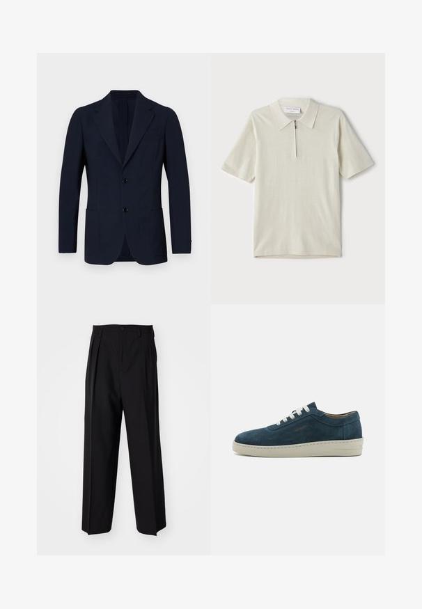 Námořnicky modrý blazer z texturované tkaniny, s dvouknoflíkovým zapínáním, klopovým límcem a dvěma předními kapsami. Klasický střih na míru.; Pánská polo košile s krátkým rukávem v světlé béžové barvě, s límcem na zip. Vyrobena z hladkého materiálu, s jednoduchým, moderním designem bez vzorů.; Černé skládací kalhoty s rovnými, širokými nohavicemi. Vyrobené z hladké tkaniny, se zapínáním na knoflík a poutky na opasek.; Modré semičkové tenisky s kulatou špičkou, bílými tkaničkami a gumovou podrážkou. Obsahují jemné švy a značkový akcent na boku.