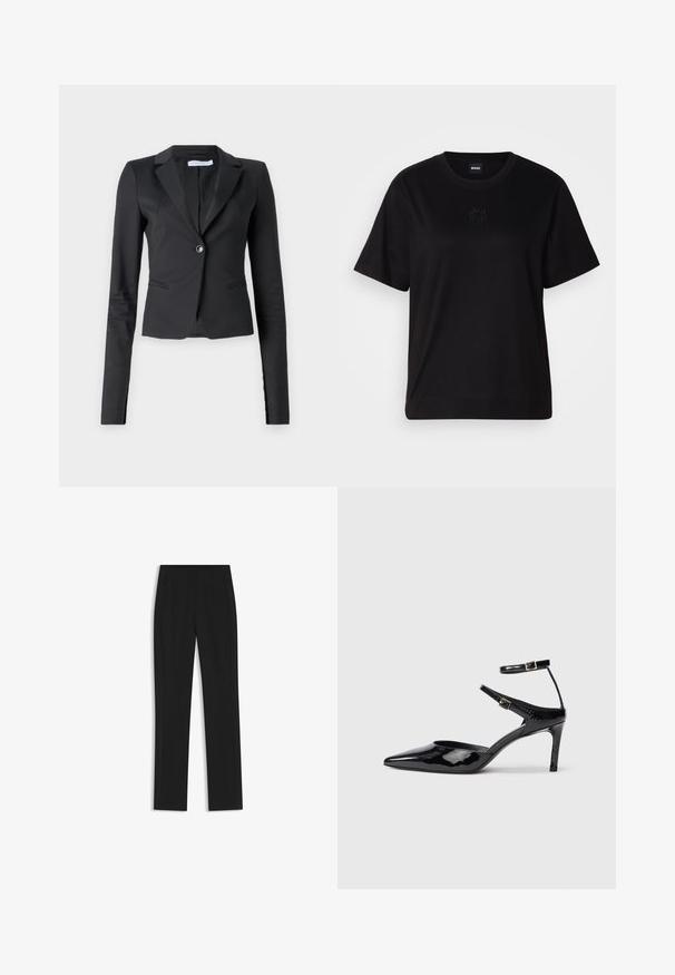 Black tailored blazer with a single button closure, notched lapels, and slim-fit design. Features shoulder seams and subtle stitching details.; Black cotton t-shirt with a crew neckline, short sleeves, and an embroidered logo on the chest. Simple, relaxed fit with no patterns.; Black tailored trousers with a straight-leg design, featuring front pockets and a smooth, textured fabric. Neat, minimal detailing.; Black patent leather heels with a pointed toe, adjustable ankle straps, and a slender heel. Smooth texture with a shiny finish.