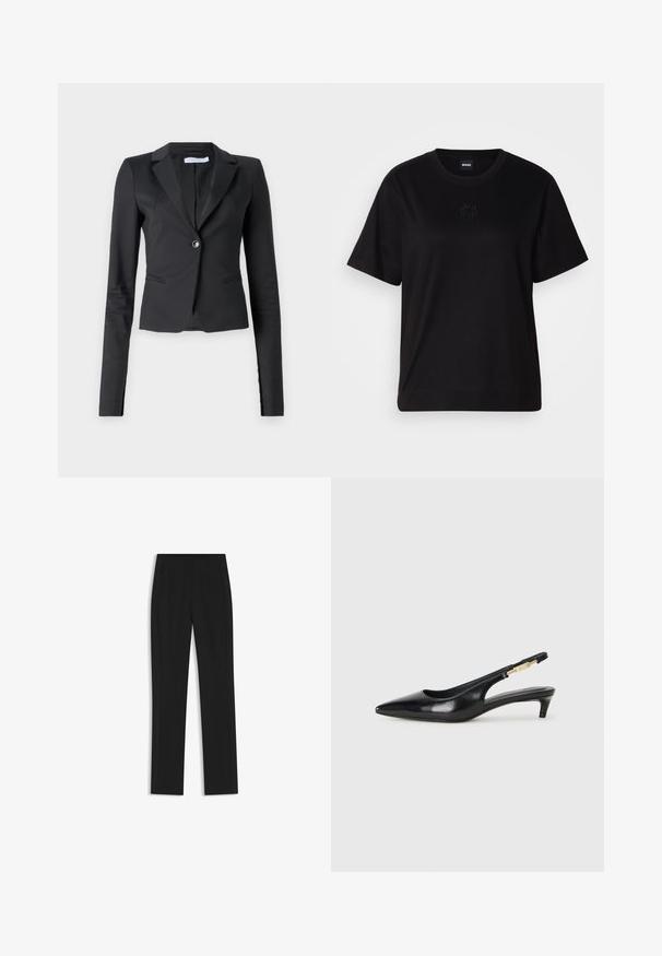 Blazer negro ajustado con cierre de un solo botón, solapas con muescas y diseño entallado. Presenta costuras en los hombros y detalles de costura sutiles.; Camiseta de algodón negra con cuello redondo, mangas cortas y un logo bordado en el pecho. Ajuste simple y relajado sin patrones.; Pantalones de traje negros con un diseño de pierna recta, que cuentan con bolsillos delanteros y una tela suave y texturizada. Detalles limpios y minimalistas.; Tacones negros de piel sintética tipo slingback con punta afilada, que cuentan con un tacón delgado y un detalle en tono dorado en la correa ajustable. Textura suave.