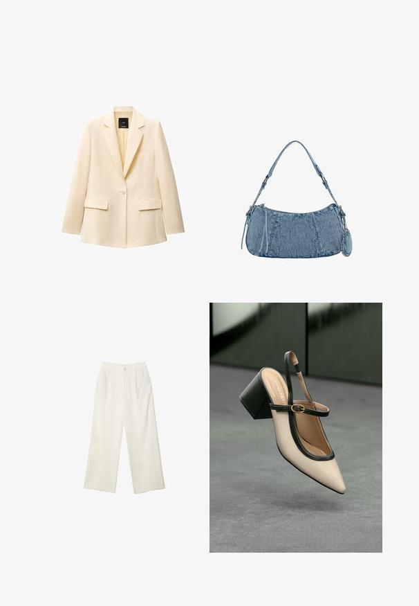 Creme blazer med spids krave, enkelt knaplukning, to forlommer og en brystlomme. Fremstillet af glat stof med en skræddersyet pasform.; Asymmetrisk hvid top lavet af glat stof, med én kort ærme og en off-shoulder design, med et rent, minimalistisk udseende.; Bredde bukser i cremefarvet stof med en glat tekstur, der har en enkelt knap foran, diskrete folder og design med høj talje.; Beige høje hæle slingback-sko med spids tå, sort kant og spænde detalje. Glat materiale med mat finish, mellemstor blokhæl.; Denim håndtaske med buet form, lyseblå farve, justerbar skulderrem og en lille aftagelig pung med metalliske detaljer.