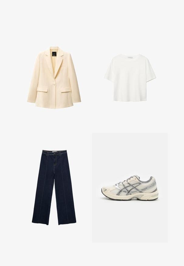 Krémový blejzr s klopovým límcem, zapínáním na jeden knoflík, dvěma předními kapsami a kapsou na hrudi. Vyrobený z hladkého materiálu s přiléhavým střihem.; Bílý krátký rukáv tričko vyrobené z bavlny. Má kulatý výstřih a volný střih. Hladký materiál bez viditelných vzorů nebo akcentů.; Široké tmavé džíny s kontrastním šitím, vysokým pasem a rovnými nohavicemi. Obsahují přední kapsy a klasické zapínání na knoflík.; Běžecké boty s prodyšným bílým síťovinovým svrškem, stříbrnými detaily, šedými tkaničkami a odolnou černou gumovou podrážkou. Lehký, polstrovaný design.