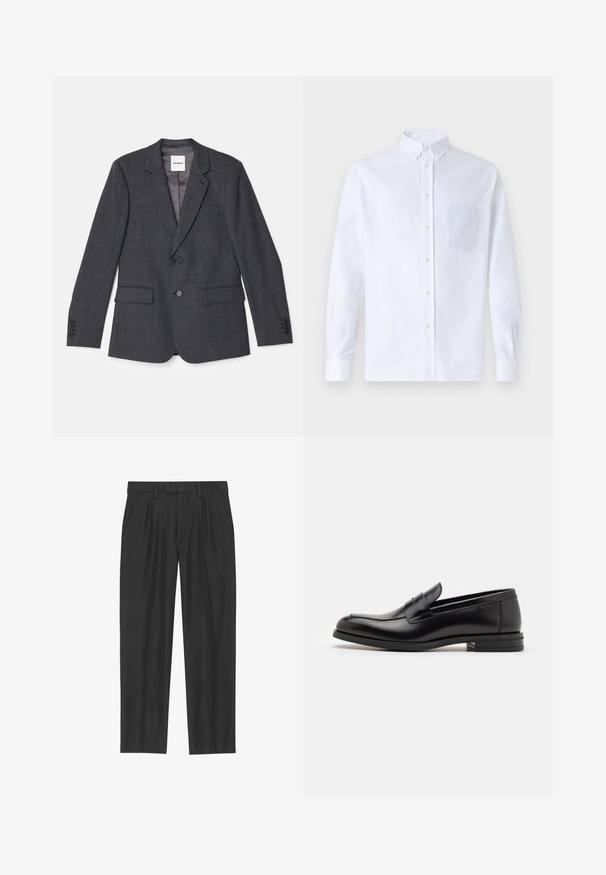 Grijze op maat gemaakte blazer van geweven stof, met een enkele knoopsluiting, twee voorzakken en een gesneden revers.; Witte lange mouwen overhemd van katoen, met een borstzak met tonale borduring, een kraag en knopenmanchetten.; Zwarte geplisseerde broeken van een soepele stof; voorzien van een tailleband met riemlussen en een recht gesneden pijp. Minimalistisch ontwerp zonder patronen.; Zwarte leren instappers met een gladde textuur, ronde neus en een decoratieve band over de wreef. Lage, gestapelde hak en minimalistisch ontwerp.