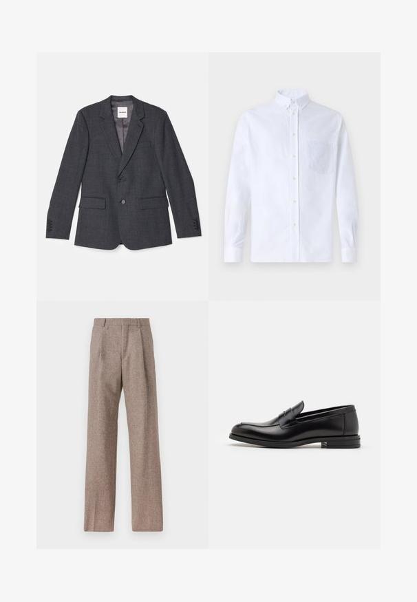 Blazer gris a medida hecho de tejido tejido, con cierre de botón único, dos bolsillos frontales y solapa muesca.; Camisa blanca de manga larga y botonadura frontal, hecha de algodón, con un bolsillo en el pecho con bordado tonal, cuello y puños con botones.; Pantalones marrones de cintura alta hechos de una tela texturizada. Presentan piernas anchas y dos pliegues frontales para dar estructura. Acabado limpio sin hardware visible.; Mocasines de cuero negro con una textura suave, puntera redondeada y una tira decorativa en el empeine. Tacón bajo apilado, diseño minimalista.