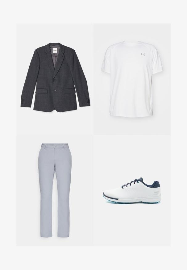 Szürke szabott zakó szőtt anyagból, egy gombos záródással, két elülső zsebbel és kivágott hajtókával.; Fehér, rövid ujjú sportpóló sima anyagból. Kerek nyakkivágással és szürke logóval a bal mellkasnál, az alján oldalsó hasítékokkal.; Világosszürke nadrág egyenes szabással, gombos záródással, elülső zsebekkel és sima, texturált anyaggal. Minimalista dizájn, minta nélkül.; Fehér sportcipők sima szintetikus felsőrésszel, kék díszítéssel, texturált sötétkék sarokkal és könnyű, tüskés talppal a tapadás érdekében.