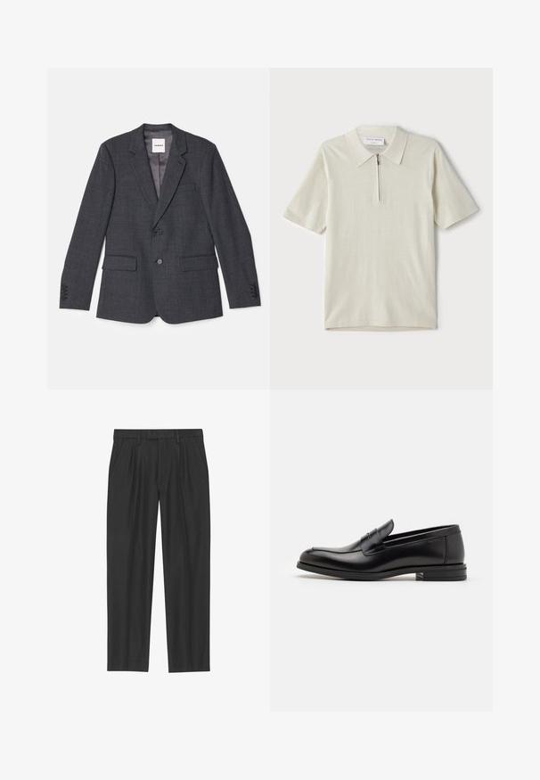 Harmaa räätälöity bleiseri, joka on valmistettu kudotusta kankaasta. Siinä on yksi nappi, kaksi etutaskua ja viistetty kaulus.; Vaate lyhythihaisista polo-paitojen vaaleassa beige-värissä, jossa on vetoketjukaulus. Valmistettu sileästä kankaasta, yksinkertainen ja moderni malli ilman kuvioita.; Mustat pleated-housut, jotka on valmistettu sileästä kankaasta; niissä on vyötärö, jossa on vyölenkit, ja suora lahkeensuukko. Minimalistinen muotoilu ilman kuvioita.; Mustat nahkakengät, joissa on sileä pinta, pyöreä kärki ja koristeellinen nauha jalkapöydän yli. Matala pinoitu koroke, minimalistinen muotoilu.