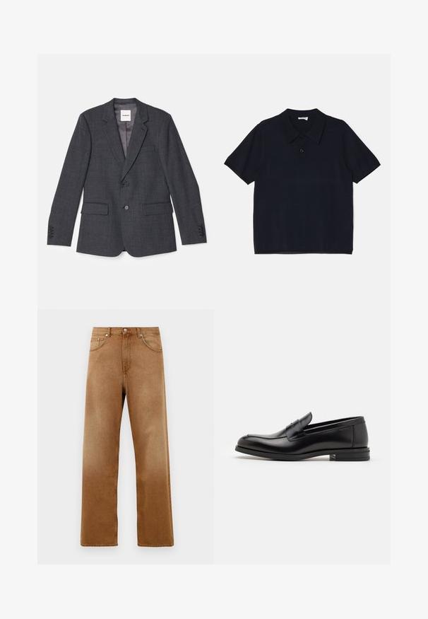 Szürke szabott zakó szőtt anyagból, egy gombos záródással, két elülső zsebbel és kivágott hajtókával.; Fekete, rövidujjú pólóing, puha, könnyű anyagból készült. Klasszikus gallérral és elülső gombos záródással rendelkezik.; Barna farmer széles lábú farmernadrág magas derékkal, két elülső zsebbel, gombos záródással és diszkrét textúrával. Nincsenek látható minták vagy kiegészítők.; Fekete bőr loaferek sima textúrával, kerek orral és dekoratív pánttal a vampnál. Alacsony, rétegelt sarkú, minimalista dizájn.