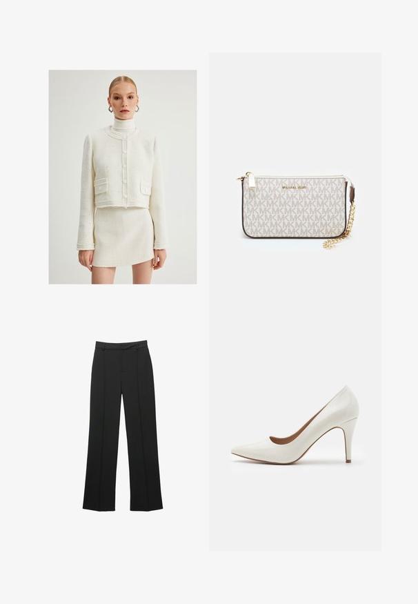 Hvid tekstureret kort jakke med rund halsudskæring, foran knapper og to klaplommer. Bærers over en matchende tætsiddende miniskørt.; Hvid pudebetræk med en glat, blød tekstur, der har en rektangulær form og rene kanter, designet til standard pudestørrelser.; Sorte bukser med lige ben lavet af et glat stof, der har en flad front, bæltestropper og ingen synlige lommer, med en skræddersyet pasform.; Hvide patentlæder højhælede sko med spids tå og en glat overflade, der har en slank hæl og en lav skæring omkring åbningen.; Michael Kors håndleddstropp i beige belagt lær med et gentaget MK-logo mønster, guld hardware og en aftagelig kædestrop.
