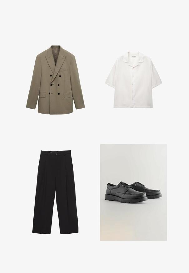 Dvojradový blazer v svetlohnedej látke s prúžkami, s čiernymi gombíkmi, dvoma prednými vreckami a s límcom so zárezom.; Košeľa s krátkym rukávom a otvoreným golierom z bielej bavlny. Má zapínanie na gombíky s štandardnými gombíkmi a voľný strih.; Čierne široké nohavice vyrobené z hladkej tkaniny, s plochým pásom, prednými záhybmi a jedným zapínaním na gombík.; Čierne kožené topánky s textúrovaným zvrškom, okrúhlou špičkou, šnurovacími topánkami a hrubými gumovými podrážkami s dezénom.
