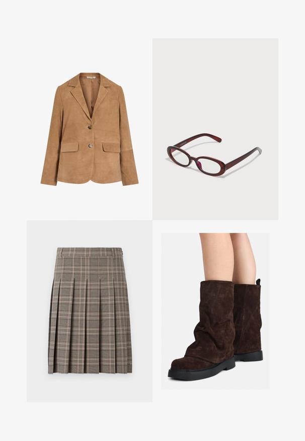 Blazer en daim marron avec un revers cranté, fermeture à un bouton, deux poches avant et une texture lisse.; Pull en maille brun flou avec des manches longues, un col côtelé haut et une patte de boutonnage avec six boutons noirs à l'avant et aux poignets.; Jupe à carreaux gris avec des plis, présentant un mélange de tons sombres et clairs et de fines lignes roses. Fabriquée en tissu texturé avec une taille élastique.; Bottes en suède marron mi-mollet avec des semelles en caoutchouc noires portées sur des jambes nues, présentant de légers plis sur les tiges des bottes.; Des lunettes de soleil rouges en forme ovale avec des verres transparents et une monture brune élégante. Le design présente des courbes subtiles et un matériel minimal.
