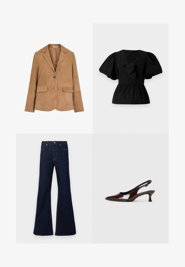 Hnedý semišový blejzer s klopovým golierom, s jedným gombíkom na zatváranie, dvoma prednými vreckami a hladkou textúrou.; Čierna bavlnená blúzka s výstrihom do V, s balónovými rukávmi a viazaním v oblasti pásu. Hrudník je zhrnutý pre peplum tvar.; Tmavomodré rozšírené džíny s vysokým pásom, prednými vreckami a zlatými stehmi. Hladká textúra s tradičným strihom.; Hnedá lakovaná slingback obuv s špicatou špičkou a mierne vysokým opätkom. Obsahuje pracku pre bezpečné upevnenie. Hladká textúra.