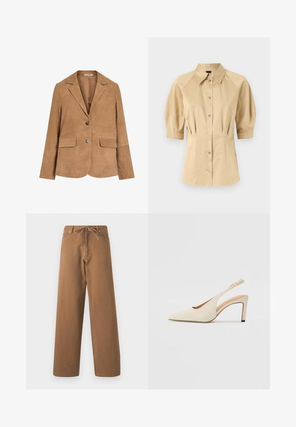 Brūns zamšādas žakets ar izgrieztu apkakli, vienu pogu aizdari, divām priekšējām kabatām un gludu tekstūru.; Bēša pogu krekls ar īsām pūkām, izplestu kaklu un šuvju detalizāciju. Izgatavots no gludas auduma ar priekšējo pogu aizdari.; Brūni plaši bikses, izgatavotas no kokvilnas, ar auklu viduklī un divām priekšējām kabatām. Iekšējais audums ir strukturēts, bet ārējais - gluds.; Beige ādas slingback zābaki ar norādītu pirkstu, atvērtu sānu dizainu un šauru augstu papēdi. Satur zelta akcentu uz jostas.