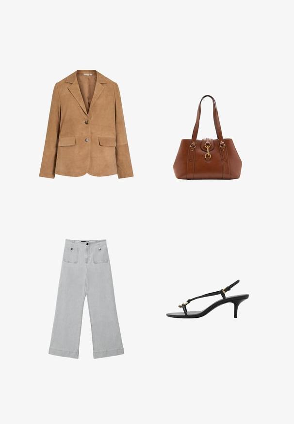 Rjava antilopasta blazer z izrezanim ovratnikom, z enim gumbom na zapiranju, dvema sprednjima žepoma in gladko teksturo.; Bela bluza z enostranskim dizajnom, ki ima cvetni poudarek na eni strani in dolg, zavezan panel v pasu. Gladka tekstura.; Široke hlače iz svetlo sive denima, z dvema sprednjima žepoma, kovinskimi gumbi in čistim zaključkom s obšitimi robovi.; Črne usnjene sandale s kitten peto, tankimi trakovi, zlate zaponke in minimalistično zanko za prste na beli podlagi.; Rjava usnjena torba z dvema ročajema, okroglo obliko, zlatim okovjem in osrednjim detajlom z zaponko. Gladka tekstura z izvezenimi detajli.
