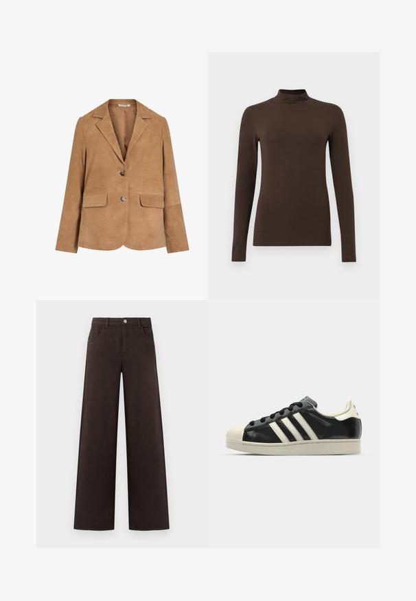 Brown suede blazer with a notched lapel, single button closure, two front pockets, and a smooth texture.; Brown long-sleeve turtleneck top made from soft fabric. Fitted design with a high neck and seamless sleeves. No visible patterns or hardware.; Wide-leg trousers in dark brown cotton fabric. Features a button closure and front pockets, with a smooth texture and clean lines.; Black leather sneaker with white stripes, rubber toe cap, black laces, and a cream-colored outsole. Smooth texture with shiny finish.