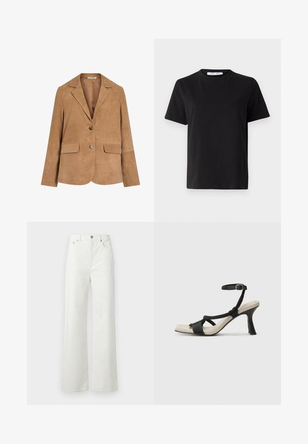 Bruine suède blazer met een notch-revers, enkele knoopsluiting, twee voorzakken en een soepele textuur.; Zwart T-shirt met korte mouwen, gemaakt van zachte katoen, met een ronde hals, een ontspannen pasvorm en een gladde textuur. Geen zichtbare patronen of opdrukken.; Samsøe Samsøe SHELLY - Relaxed fit jeans - clear cream; Zwarte hoge hak sandaal met een gevlochten bandontwerp, vierkante teen en verstelbare enkelband. Lichtbeige voetbed met een glanzende zwarte hak.