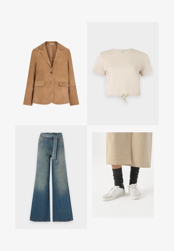 Blazer in suede marrone con revers a punta, chiusura a un bottone, due tasche frontali e una texture liscia.; T-shirt beige cropped realizzato in tessuto scintillante con maniche corte e dettaglio annodato all'orlo. Texture liscia e scollatura rotonda.; Pantaloni in denim a gamba larga con una sfumatura che va dal blu chiaro al blu scuro, vita alta, passanti per cintura e una cintura in tessuto coordinato. Finitura in denim strutturato.; Sneaker bianchi e grigi con un accento nero sul tallone, caratterizzati da una parte superiore in pelle liscia e una punta in suede testurizzato. Indossati con calzini scuri grigi a sbuffo.