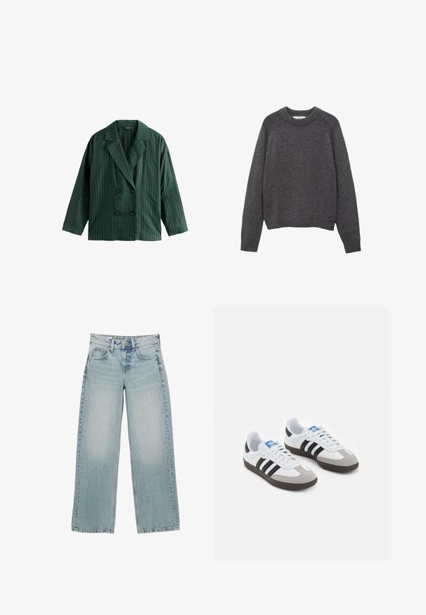 Double-breasted green blazer with white vertical stripes, featuring a notched collar and two black buttons. Made of smooth fabric.; Dark gray sweater with a crew neckline, ribbed cuffs, and hem. Knit texture with a relaxed fit and long sleeves.; Plain white t-shirt made of cotton with a round neckline, short sleeves, and a relaxed fit. Smooth texture with no patterns or accents.; Light blue denim wide-leg jeans with a high waist, featuring five pockets, a button closure, and subtle fading for a worn effect.; Sport shoes with a white leather upper, gray suede toe, and three black stripes. Features a blue logo on the tongue and a textured rubber sole.