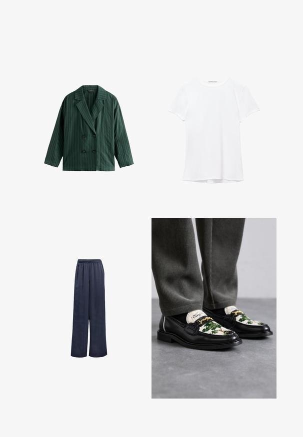 Sacou verde cu două rânduri de nasturi, cu dungi verticale albe, având un guler cu colțuri și două nasturi negri. Fabricat dintr-un material neted.; Cămașă albă cu mânecă scurtă dintr-un material neted, cu guler rotund și detalii discrete de cusătură la tiv.; Pantaloni largi bleumarin dintr-un material neted, cu talie elastică și fără accesorii vizibile. Au o croială lejeră și un design până la gleznă.; Loferi din piele neagră cu un upper decorativ din textile verde și alb. Prezintă un accent cu lanț auriu și o talpă texturată neagră.