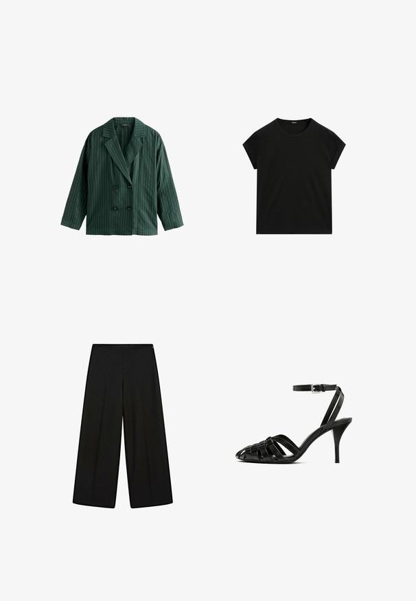 Double-breasted green blazer with white vertical stripes, featuring a notched collar and two black buttons. Made of smooth fabric.; Black short-sleeve crew neck t-shirt with a straight hem, displayed flat on a white background.; Black wide-leg trousers made of soft fabric, featuring a high waist and pleats, with a smooth texture and no visible embellishments.; Black leather high-heeled sandal with an ankle strap, featuring woven straps across the toe, a smooth finish, and a pointed toe shape.
