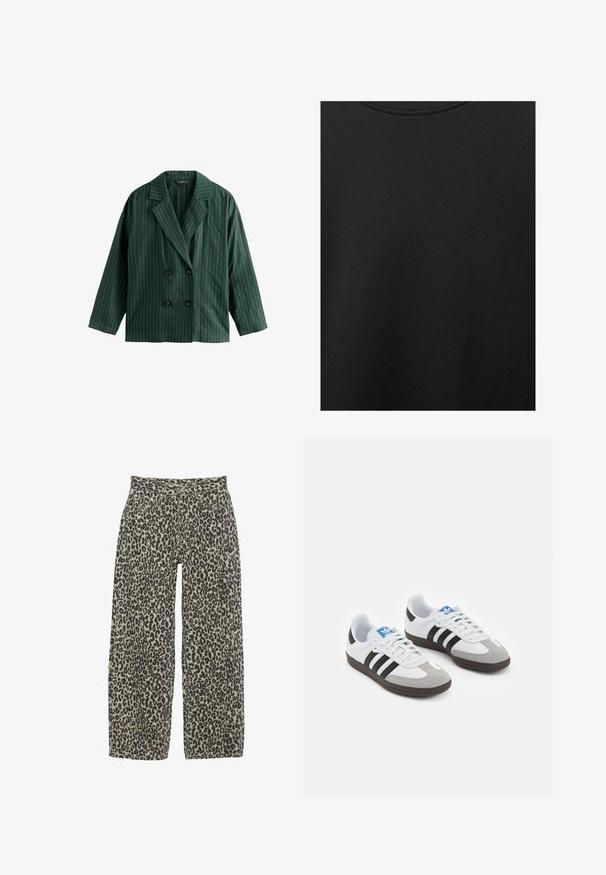 Blazer verde doppiopetto con strisce verticali bianche, caratterizzato da un colletto a picco e due bottoni neri. Realizzato in tessuto liscio.; Tessuto di cotone nero con una texture liscia e scollatura rotonda, caratterizzato da un motivo a grana sottile e uniforme. Nessun logo o accento visibile.; Pantaloni a gamba larga con stampa leopardata in una combinazione di colori beige e nera neutra. Presentano un'alta vita, cinque tasche e chiusura con bottone.; Scarpe sportive con tomaia in pelle bianca, punta in suede grigia e tre strisce nere. Presentano un logo blu sulla linguetta e una suola in gomma testurizzata.