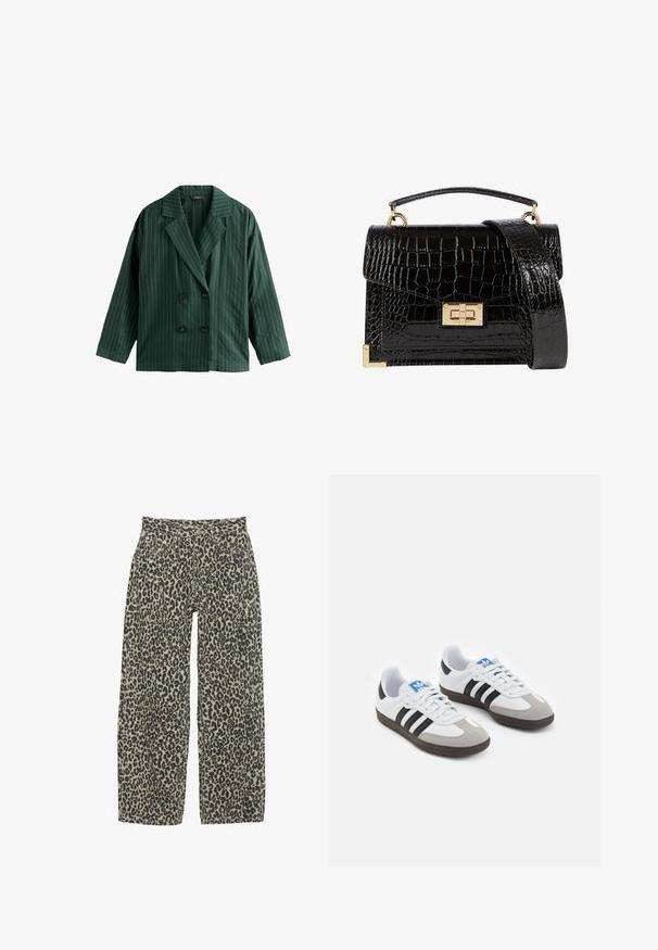 Double-breasted green blazer with white vertical stripes, featuring a notched collar and two black buttons. Made of smooth fabric.; Black cotton fabric with smooth texture and a round neckline, featuring a subtle, even grain pattern. No visible logos or accents.; Leopard print wide-leg trousers in a neutral beige and black color scheme. Features a high waist, five pockets, and button closure.; Sport shoes with a white leather upper, gray suede toe, and three black stripes. Features a blue logo on the tongue and a textured rubber sole.; Black patent leather handbag with a crocodile texture, gold hardware, a top handle, and a detachable shoulder strap. Rectangular shape with a flap closure.