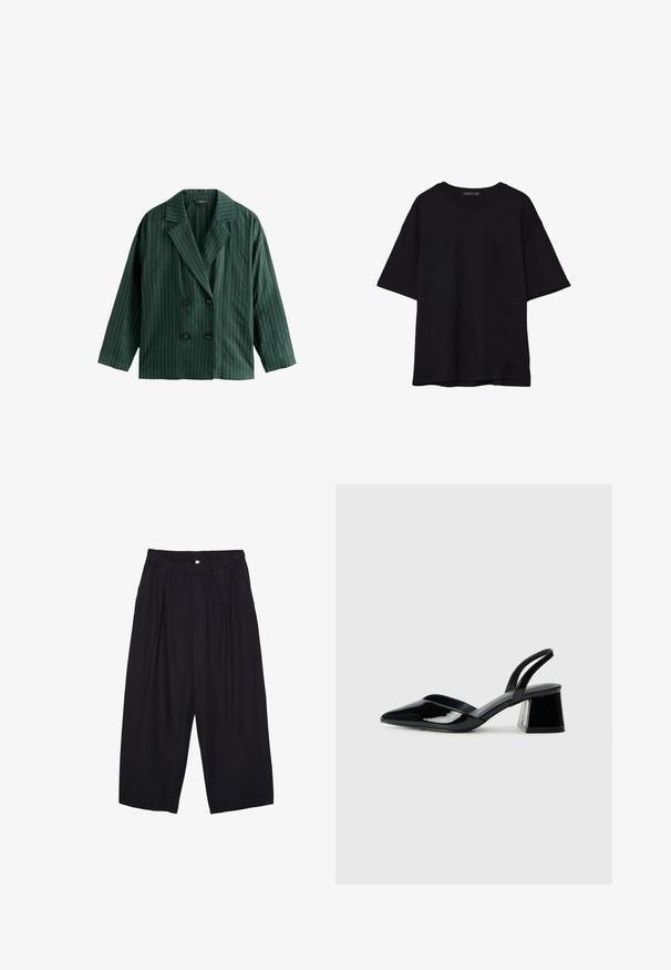 Blazer vert à double boutonnage avec des rayures verticales blanches, doté d'un col cranté et de deux boutons noirs. Fabriqué en tissu lisse.; T-shirt noir en coton avec une coupe décontractée, des manches courtes, un col arrondi et une texture lisse. Pas de motifs ni d'accents visibles.; Pantalon culotte noir en polyester avec une taille élastique, deux plis avant et une silhouette ample. Pas de motifs visibles ni de détails matériels.; Escarpins en cuir verni noir avec bout pointu et talon bloc géométrique. Présente un design élégant et minimaliste ainsi qu'une texture lisse.