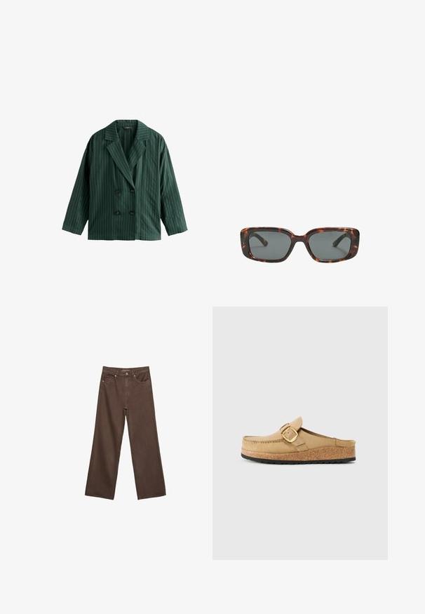 Dvojradový zelený blejzer s bielymi vertikálnymi prúžkami, s vykrojeným golierom a dvoma čiernymi gombíkmi. Vyrobený z hladkej tkaniny.; Biela krátkopsová tričko vyrobené z bavlny. Má okrúhly výstrih a voľný strih. Hladká textúra bez viditeľných vzorov alebo akcentov.; Džínsy s širokými nohavicami v hnedej farbe, vyrobené z denimu, so zvýšeným pásom, prednými vreckami a klasickým zapínaním na gombík. Hladká textúra s jemným prešívaním.; Bežové dreváky so širokým remienkom a zlatou prackou, vyrobené z mäkkého materiálu, s korkovou medzipodrážkou a textúrovanou čiernou gumovou podrážkou.; Rámiky slnečných okuliarov v štýle korytnačiny s obdĺžnikovými šošovkami, hrubými rámami a tmavými tónovanými šošovkami. Hladký povrch a minimalistický dizajn.