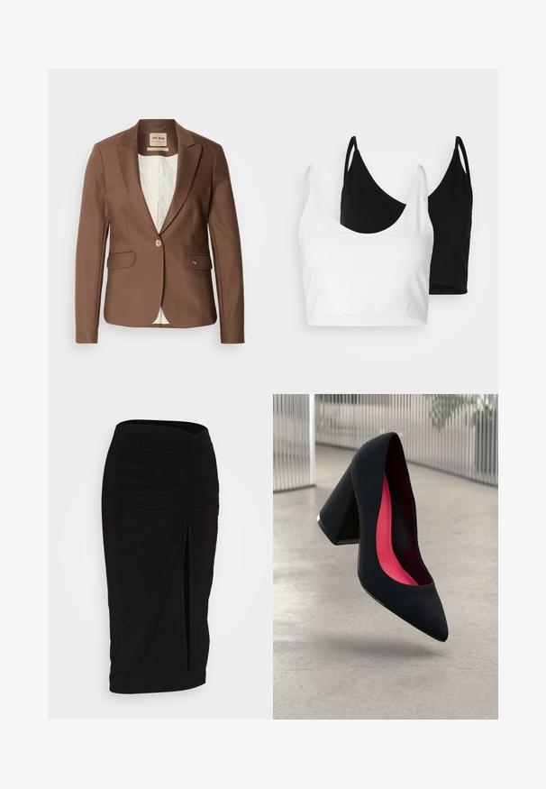 Mos Mosh BLAKE NIGHT - Bleizeris - rain drum; Du dujų medvilnės marškinėliai balti ir juodi. Kiekvienas turi giliai iškirptą iškirptę ir plonas petnešas, pasižyminčius lygiu, švelniu tekstūru.; Juoda, raukšlėta pieštuko sijonas su raišteliu ir šoniniu įpjovimu. Pagamintas iš elastingos medžiagos, pasižymi lygiu paviršiumi ir prigludusia forma.; Juodas aukštakulnis batai su smailiu pirštu, su tekstūruota paviršiumi ir ryškiai rožiniu vidumi. Su tiek dideliu kulnu, tiek sidabriniu akcentu.