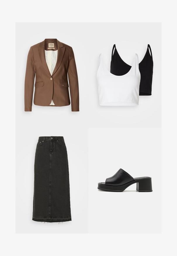 Mos Mosh BLAKE NIGHT - Σακάκι - rain drum; Δύο βαμβακερά τοπ σε λευκό και μαύρο χρώμα. Το καθένα διαθέτει βαθύ ντεκολτέ και λεπτές ραμμένες τιράντες, προσφέροντας μια ομαλή και απαλή υφή.; Μαύρη τζην μίντι φούστα με εφαρμοστό μέσο, μπροστινό κλείσιμο με κουμπιά και κατεστραμμένο στρίφωμα. Διαθέτει κλασικό σχέδιο πέντε τσεπών και ελαφριά υφή.; Μαύρες δερμάτινες πλατφόρμες μούλς με στρογγυλεμένο ανοιχτό μπροστινό μέρος, χαμηλό τετράγωνο τακούνι και λείες υφές. Μινιμαλιστική σχεδίαση με κομψές γραμμές.