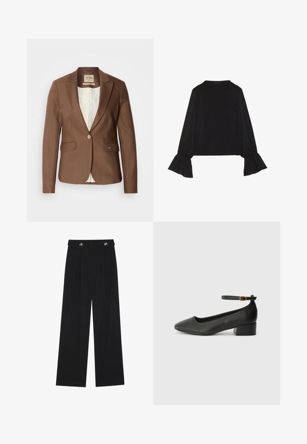 Mos Mosh BLAKE NIGHT - Suknjič - rain drum; Črn dolg rokav vrh z razširjenimi manšetami, mehko teksturo in sproščenim krojem, z preprostim okroglim izrezom.; Črne široke hlače s visokim pasom, gumbnimi detajli na pasu in sprednjimi gubami.; Črne usnjene pumpice z nazobčanimi prsti in nizko blokasto peto. Imajo trak okoli gležnja z zaponko v zlatem tonu. Gladka tekstura.