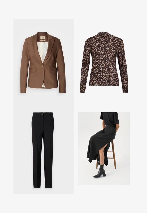 Mos Mosh BLAKE NIGHT - Blazer - rain drum; Camisola de manga longa em padrão de leopardo com gola alta, feita de tecido elástico. Apresenta uma base bege com manchas castanhas. Textura suave, design ajustado.; Calças pretas ajustadas com um design de perna reta, apresentando fecho de botão e passantes para cinto, feitas de tecido suave.; Saia maxi de linho preta com uma fenda alta, usada com uma t-shirt preta e botas cano curto pretas. Design minimalista com um corte descontraído.