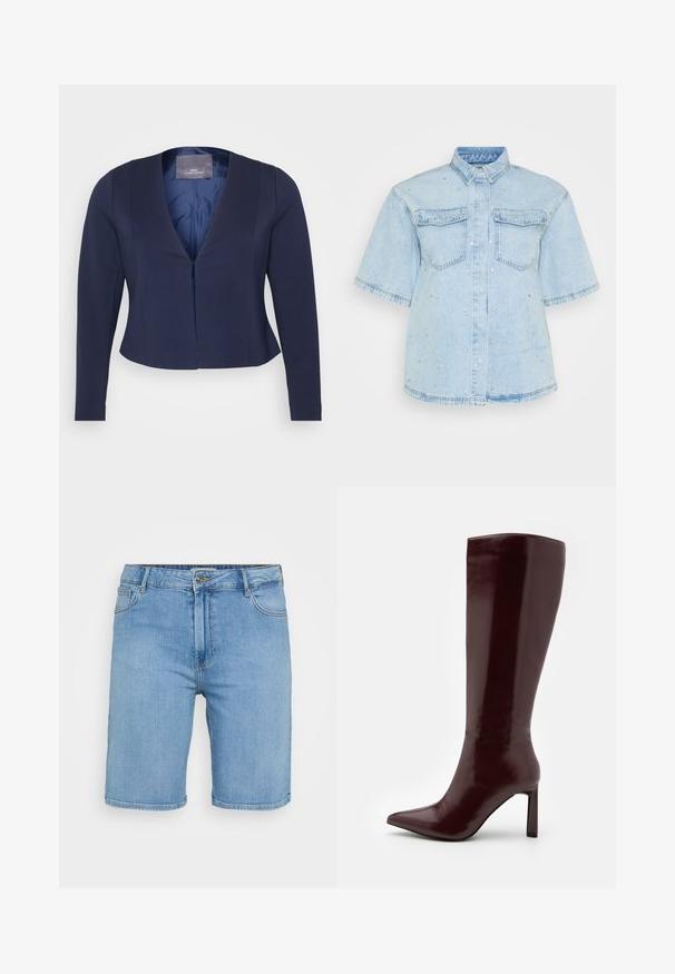 Granatowy skórzany blezer o kroju krótkim, z długimi rękawami, głębokim dekoltem w serek, gładką fakturą i pojedynczym zapięciem z przodu. Wyściełane wnętrze z widoczną metką.; Jasnoniebieska koszula dżinsowa z krótkim rękawem, z dwoma przednimi kieszeniami i ozdobiona małymi srebrnymi ćwiekami na całej powierzchni.; Jasnoniebieskie dżinsowe szorty o klasycznym kroju, z zapięciem na guzik z przodu, szlufkami na pasek oraz dwoma bocznymi kieszeniami. Gładka struktura i prosta końcówka.; Even&Odd - Kozaki