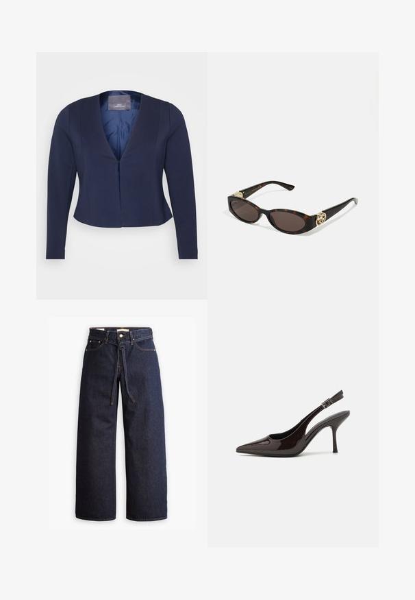 Navy blue cropped blazer with long sleeves, deep V-neck, smooth texture, and a single front closure. Lined interior with tag visible.; Blue striped button-up shirt with a collar, long sleeves, and a curved hem. Fabric appears smooth and lightweight. Button closure down the front.; Wide-leg dark blue denim jeans with a high waist, featuring a drawstring tie, five pockets, and contrasting stitching details.; Slingback high-heeled shoe in glossy dark brown patent leather, pointed toe, open sides, and adjustable ankle strap.; Tortoiseshell sunglasses with elongated oval lenses, brown tint, gold logo accents on temples, and sleek black arms.