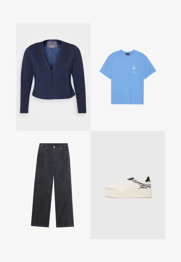 Marineblå kort blazer med lange ermer, dyp V-hals, glatt tekstur og en enkelt frontlukking. Fôret interiør med synlig merke.; Lys blå bomull t-skjorte med rund hals. Har et hvitt grafisk motiv av et palmetre og tekst på venstre brystområde. Korte ermer.; Bredde ben bukser i mørkegrå kordfløyel med knappelukking, fire lommer og en myk tekstur.; Even&Odd Joggesko - white/black