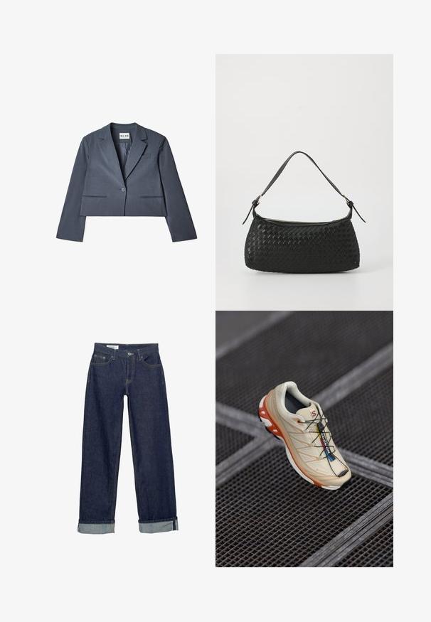 Skåret grå blazer lavet af glat stof, der har to forlommer, en enkelt knaplukning og en notched revers. Foring synlig indvendigt.; Sort langærmet top med et tekstureret, åbent strikket design, der har en bred scoop-udskæring og en snorelukning bagpå.; Mørkeblå denim jeans med et bredbenet design, der har en foldet kant og klassisk fem-lomme stil. Afsluttet med gyldne stikninger.; Beige løbesko med orange accenter, designet med en tekstureret overdel, sort ydersål og integrerede snørebånd. Har GORE-TEX branding.; Sort vævet skuldertaske med en glat læderrem og lynlåslukning. Har en tekstureret overflade og en buet form.